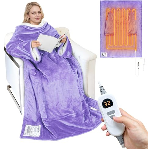 Catalonia Classy Heizdecke mit Ärmeln, Elektrische Wärmedeck mit Abschaltautomatik- 5 Heizstufen & 4 Timer, Flauschige Sherpa Decke mit Ärmeln als Geschenk für Frauen Herren, 178 x 127 cm, Lila