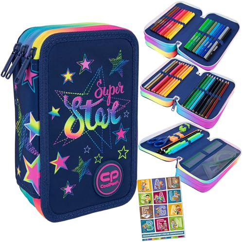 Goldkids - Federmäppchen 3 Fächer - Mäppchen für Mädchen und Jungen - Federmappe 3-Fach Federtasche Gefüllte Schüleretui Schulmäppchen und Hausaufgabenheft - Stars Motiv