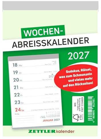 Wochenabreißkalender 2027: Abreißkalender 11 x 15 cm, 1 Woche pro Seite mit Sudoku, Rezepten, Rätseln & Tipps auf den Rückseiten