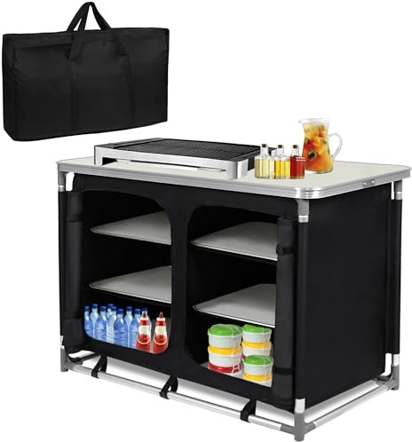 TATIVALO Campingschrank Faltbar Aluminium, Campingküche mit Tischaufsatz, Stauraum & Tragetasche, Outdoor Reiseküche Küchenbox für Camping & Picknick, 100x50x80cm