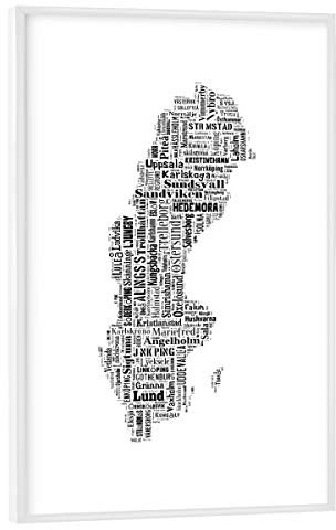 artboxONE Poster mit weißem Rahmen 30x20 cm Typografie Sweden Map Black 2 - Bild Karte Schweden Europe
