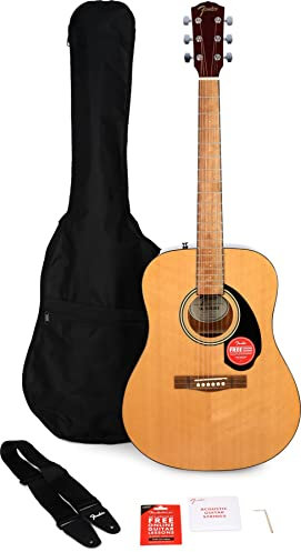Fender FA-115 Dreadnought Set Guitarra Acústica, Diapasón de Nogal, con Estuche de Transporte, Correa, Púas, Cuerdas, Lecciones en Línea, Natural