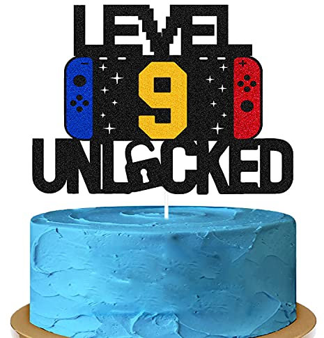 Level 9th Unlocked Sign Cake Topper Happy 9th Birthday Level Up Tenth Cake Decorations for Video Game Controller Themed Kids Boy Girl Bday Party Supplies Double Sided
