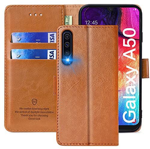 FMPCUON Hülle für Samsung Galaxy A50 Handyhülle [Standfunktion] [Kartenfach] [Magnetverschluss] Tasche Flip Case Schutzhülle lederhülle klapphülle für Samsung Galaxy A50 Braun