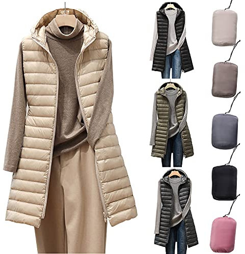HHMY Chaleco de plumas para mujer largo – Chaleco acolchado ligero con capucha chaleco delgado chaleco chaqueta de invierno plegable chaleco sin mangas chaleco con capucha portátil chaqueta acolchada