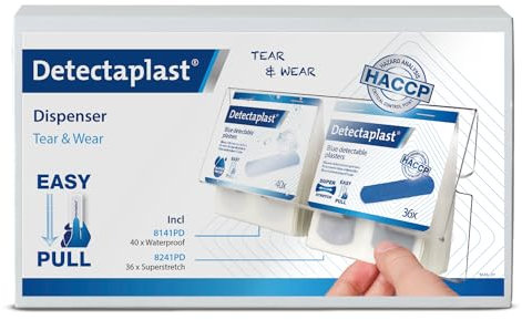 Detectaplast Pflasterspender Tear & Wear Mix, Pflasterbox inklusive blaue detektierbare 76 Pflaster Strips für die Gastronomie, Erste Hilfe Set mit elastischen und wasserfest Pflaster sensitiv