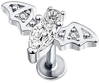 BlackAmazement 316L Edelstahl Labret Ohrstecker Helix Monroe Piercing Fledermaus Bat Zirkonia CZ Silber Rose Gold Gothic Damen (Farbe Silber - Stablänge 6mm)
