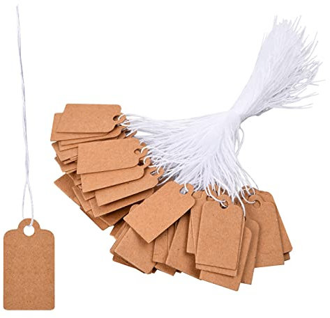 Cozlly 500 Stück Vielseitige Preisetiketten, Kraftpapier Anhänger mit Schnur - Ideal zum Beschriften von Preisen für Flohmarkt, Kleidung, Schmuck Display und als Geschenkanhänger