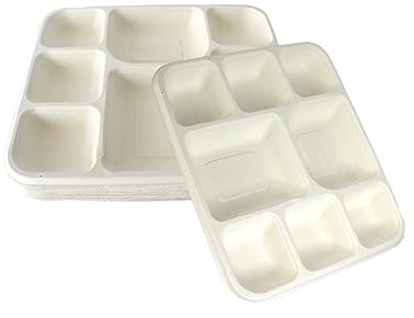 velvet london Compostable & Biodegradable Compartment Food Trays, Plates for Hot, Cold, Wet & Oily Food, Disposable Bagasse Plates for BBQ Picnics Party (100, 8 Compartment Plate)