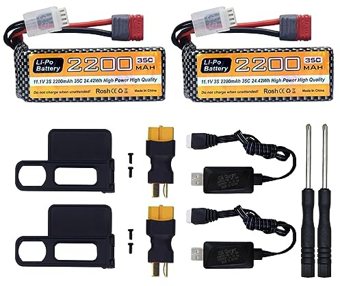 ZYGY 2PCS 11.1V 2200mAh 35C 3S Lipo Battery T-Plug with USB Charging Cable for MJX H16P H16E H16GT H16BM H16PL 14301 HP161S HP163S HP141 HP141S RC Car High Speed Drift Toy Car Upgrade Battery