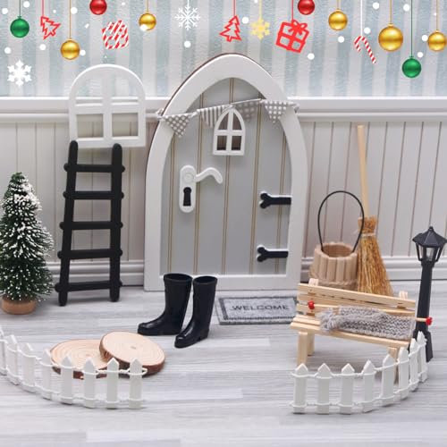 FZQBEY Wichteltür Zubehör Weihnachten Set, Weihnachtswichtel Tür Set Weihnachtsdeko Elfentür, Holz Wichtel Tür mit Miniatur Briefkästen, Zäun, Leiter, Stiefel, Kranz, Feentür Set, Weihnachtsdeko (B)