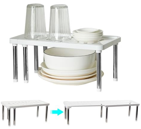 fuxunamz Organisateurs Étagère Cuisine armoires Placard - Extensible Porte épices en plastiques pour Rangement comptoirs Vaisselle garde manger nourriture et ustensiles Bocaux Assiettes, Blanc