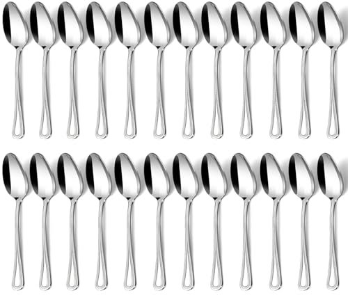 Hunnycook Cucchiai da zuppa, 24 pezzi, in acciaio inox con bordo perline, 19 cm, cucchiai da tavola lucidati, per famiglie e sala da pranzo, lavabili in lavastoviglie