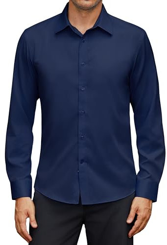 siliteelon Shirts for Men Adult Long Sleeve Navy Blue Mens Casual Work Shirts for Men Dress Formal Business Wedding Shirt M