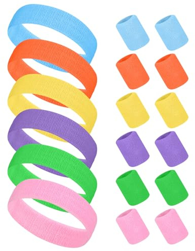 18 x Sport-Stirnband, Schweißbänder, saugfähig für Fitnessstudio, Sport, Fußball, Fußball, 80er-Jahre-Stirnband und Handgelenk-Schweißbänder für Mädchen, Damen, Jungen