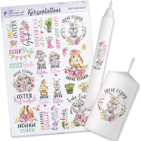 FEENSTAUB Kerzentattoos Ostern, Osterdeko gestalten, Osterkerzen verzieren, Wasserschiebefolie Ostern, Kerzenfolie Ostern, Frohe Ostern Kerze bekleben, Kerzenaufkleber für helle Kerzen