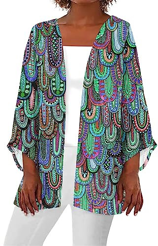 ODJOY-FAN Womens Kimono Plus Size Dressy Casual Lightweight Tops Floral Printed Three Quarter Sleeve Summer Cardigan Japan Blue Denim White Cardigan Sweaters for Women Dressy（4XL,4-Green）