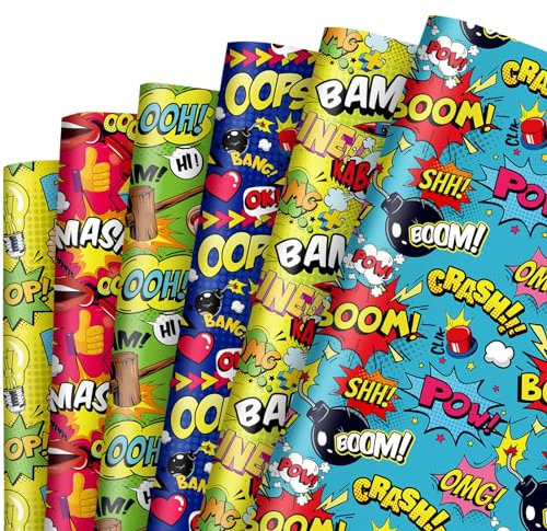 JarThenaAMCS Comic-Geschenkpapier, 12 Bögen, keine Rolle, buntes Cartoon-Boom-Geschenkpapier, gefaltet, flach, Kunstpapier für Bastelarbeiten, Geschenkverpackungen, 50 x 70 cm