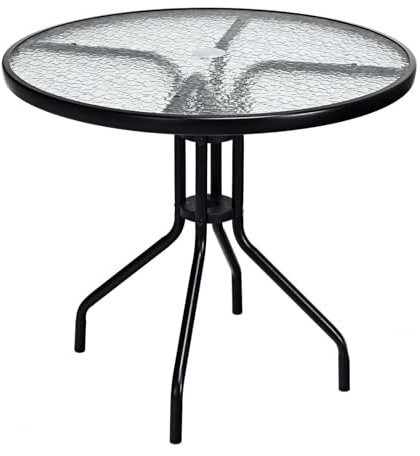 GiantexUK Outdoor Dining Table, 70cm Round Garden Bistro Table with Tempered Glass Tabletop, Parasol Hole & Metal Frame, Modern Patio Furniture for Balcony Backyard Poolside (70 x 70 x 70cm)