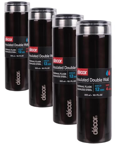 Décor Insulated Double Walled Thermal Stainless Steel BPA-Free Coffee Flask, Glossy Black Water Bottle, Leak-Proof Travel Beverage Flask Keeps Drinks Warm for 6 hrs and Cold for 12 hrs, 300ml