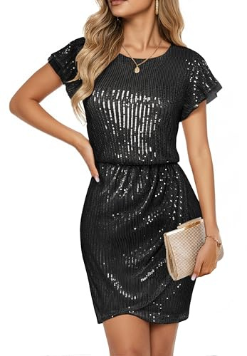 GRACE KARIN Glitter Sexy Black Sequin Dress for Women Fashion Cap Sleeve Evening Party Holiday Dresses for Women Black M