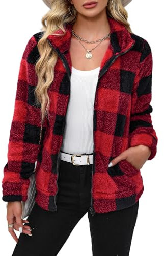 BesserBay Winter Damen Taschen Reißverschluss Warm Fleece Jacke Weich Outdoor Plüschjacke Rot Schwarz Karo XL