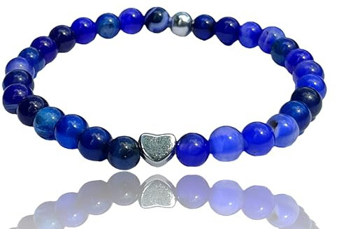 Steinfixx® - Elegantes Perlenarmband aus royalblauem Achat - Hochwertiges Edelsteinarmband mit 925 Silberperle und versilbertem Edelstahlherz - handgefertigt - in Geschenkbox (6 mm)