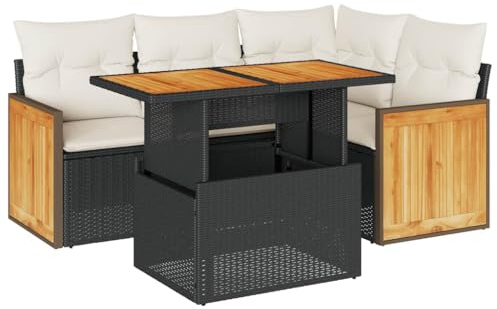 vidaXL 5tlg. Garten-Sofagarnitur mit Kissen Schwarz Poly Rattan Akazie