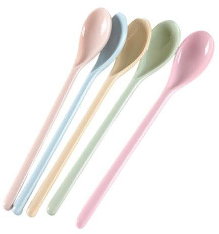 Viojrlly 5 Stück Plastik Löffel Farbe Lang Eierlöffel Kunststoff Suppenlöffel Wiederverwendbaren Marmeladenlöffel Anti Tropfen Imitation Porzellan Löffel für Kaffee Wohnküche Eis Joghurt Getränke