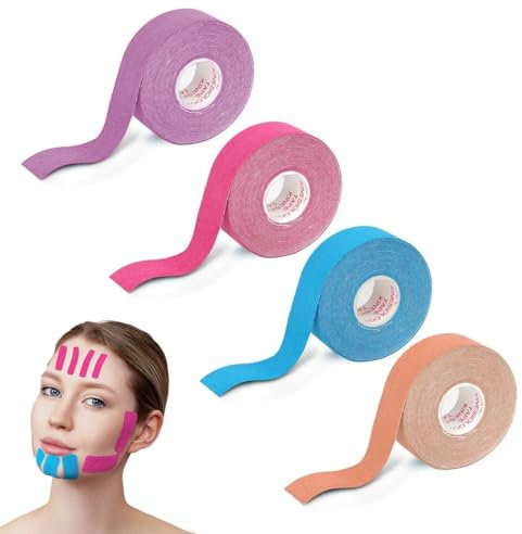 WUSJCOF 4 PCS Face Tape, Anti Falten Pflaster für Stirnfalten, Augen, Doppelkinn, Face Lifting Tape, Kinesiologie Tape Gesicht, Gesichtstape Gegen Falten(4 Farben,1.25cm*5m)