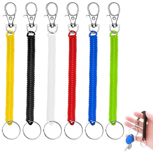 WOLMIK Stretchy Spiral Keyring - 6 PCS Colourful Plastic Keychain, 7” Springs Key Holder, Anti-lost Spring Coil Keychain Cord, Retractable Key Chain for Work, School, Keys, Wallet, ID Card, Backpack