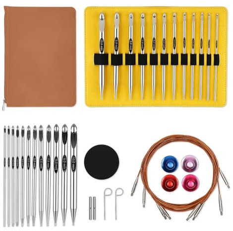GREOHNMPAW Aluminum Tunisian Crochet Hooks Set 3mm-10mm, Silver, 6-Inch, Interchangeable, Anti-Twist Cable, Perfect for Blankets, Shawls, Sweaters