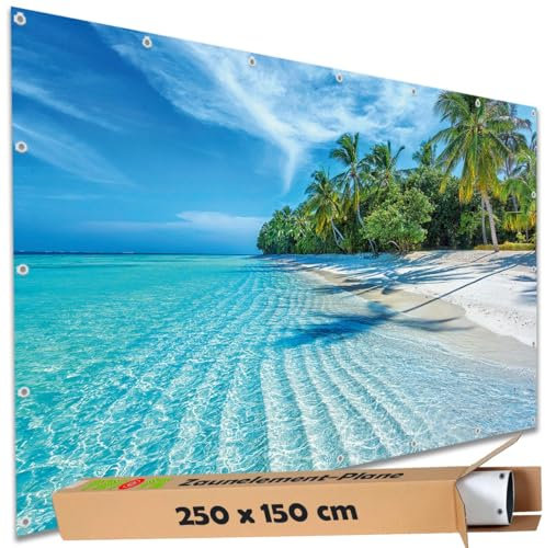TRIOSK Sichtschutz Garten Deko Zaun Plane Blickdicht groß mit Zaunblende Motiv Malediven Tropen Palmen Strand für Balkon Terrasse Zaunelement Doppelstabmatten Gartenzaun PVC 250x150 cm