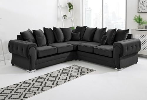 Sofahub Verona Black Plush Velvet - Scatterback Sofa with Button Tufting & Chrome Feet – Foam Cushion 2 Seater, 3 Seater, 3+2 Seater & Corner Options - Living Room Sofa Set (Black, Corner)