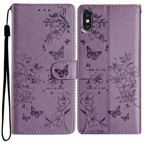Reevermap for iPhone XS Case Flip Wallet Case Shockproof PU Leather Butterfly Magnetic Bumper Cover for iPhone X Phone Case with Kickstand Card Holder, Purple