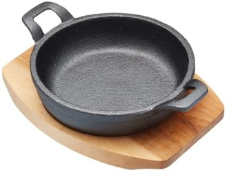 Artesà Miniatur Gusseisentopf mit Holzbrett, flache Pfanne für Gratin, Tapas, Curry und Fleisch, induktionsfähig, (16,5 cm x 12 cm x 1,5 cm), rund, schwarz (Packung mit 6)