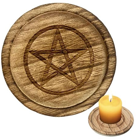 Placa de altar - Símbolos femeninos Candelador de disco incrustado | Mesa de madera de altar de sacrificio de patrón de pentagrama | Bandeja de altar de brujas para sostener velas, joyas, cartas de ta