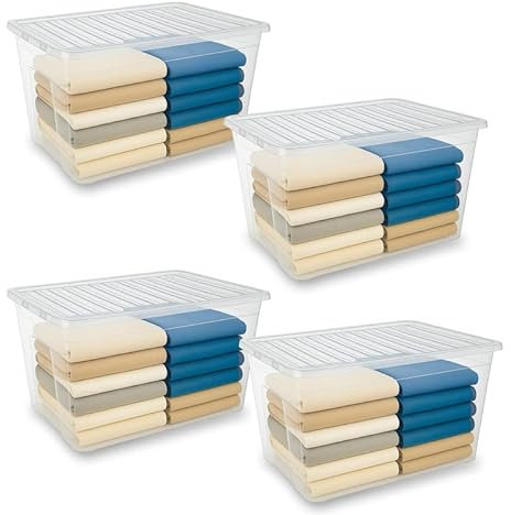 iTrend 80L Clear Storage Box with Lid, Integrated Lock & Handles, Stackable & Nestable, BPA-Free Durable Plastic, Large Capacity for Home, Office, Garage & Outdoor Storage, Pack of 4