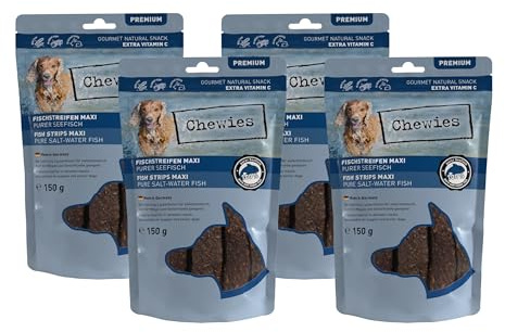 Chewies Fleischstreifen Maxi Hundeleckerli aus 100% Seefisch - 4 x 150 g - luftgetrocknete Fisch Kaustreifen für Hunde - natürlich & getreidefrei - Dörrfisch