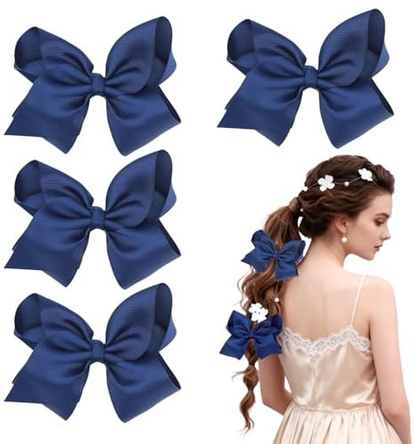 Lot de 4 pinces à cheveux bleu marine, barrettes nœud en ruban uni, accessoires pour cheveux école, pom-pom girl, filles, adolescents, femmes