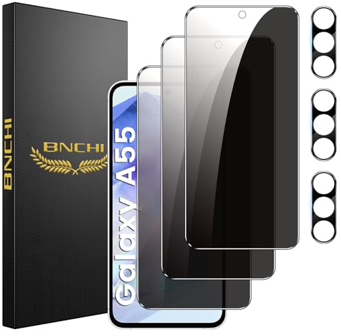 BNCHI 3+3 Pack for Samsung Galaxy A55 5G Privacy Screen Protector with Camera Lens Protector, Anti-Spy Tempered Glass Film, 9H Hardness, Anti-Scratch, Touch Sensitive