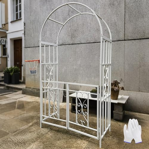 Ukkajovlex Rosenbogen Mit Tür Rostoptik, Klettergerüst Für Rosen Weinstöcke, 210x114x52cm Metallpavillon, 20mm Verdicktes Quadratrohr Mit Erdpfählen, Schwarz/Weiß(White)