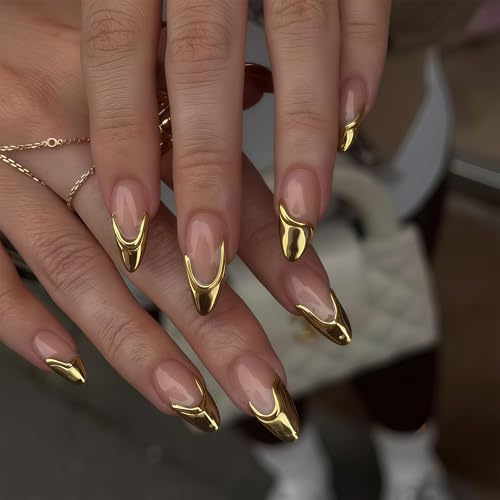 Cosblisvia Ongles à coller Milieu Amande, 24 pcs Or French Press on Nails pour Femmes, Ongles réutilisables pour DIY Manucure (Or/Nude)