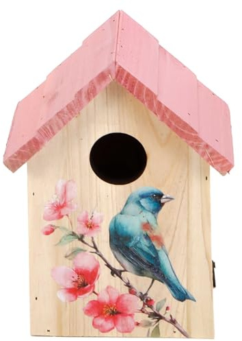 Vogelhaus/Nistkasten aus Holz zum Hängen oder Stellen, für kleinere Vögel wie Spatzen, Meisen etc., seitlich zu öffnen, rundes Einflugfenster Ø ca. 3,2 cm, fest verschraubter Aufhänger (Rosa)