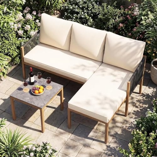FANTASK Lounge Möbel Outdoor, Gartenmöbel Set 3-teilig mit Tisch & Kissen, Sitzgruppe für Garten, Balkon & Terrasse, ideal als Balkonmöbel & Terrassenmöbel