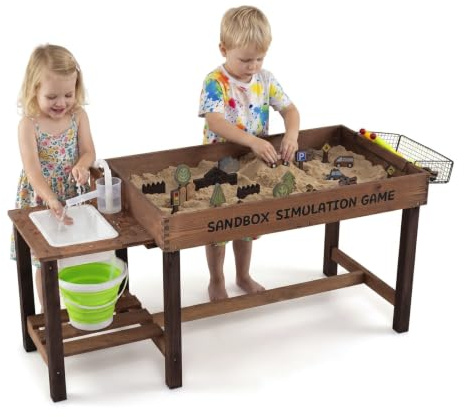 COSTWAY Sabbiera per Bambini da Esterno, in Legno con 33 Giocattoli | Tavolo Sabbiera e Acqua, Paletta e Rastrello, Tavolo Sensoriale con Pompa e Lavello Smontabile per Bambini 3+ Anni