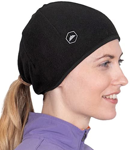 Tough Headwear Damen-Laufmütze mit Pferdeschwanz, Pferdeschwanz-Mütze, Totenkopfmütze, Wintermütze für Damen mit Loch für Pferdeschwanz
