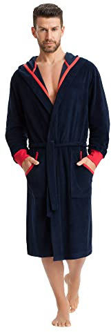 Leverie sporty men's dressing gown, men's sauna robe with hood and cuffed sleeves - Blue - X-Large