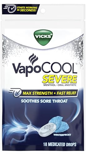 Vicks, VapoCOOL SEVERE Medicated Drops 18ct MaximumStrength Relief to Soothe Sore Throat Pain, Menthole, 18 Count