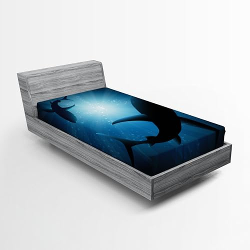 ABAKUHAUS Hai Spannbetttuch, Fisch Silhouetten Schwimmen, Soft Dekorativer Stoff Bettwäsche Rund-um Elastischer Gummizug, 160 x 200 cm,Dunkelblau
